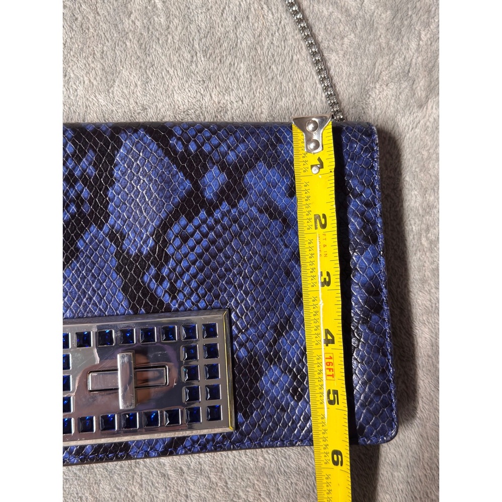 Michael Kors Ellie MD Shoulder Flap Clutch Bag Blue Snake Print Embossed Leather - Picture 6 of 13